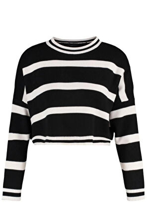 Kadın Moda Şık Crop Bisiklet Yaka Uzun Kol Çizgili Crop Triko Kazak