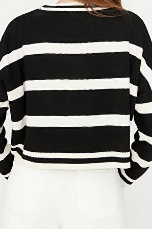 Kadın Moda Şık Crop Bisiklet Yaka Uzun Kol Çizgili Crop Triko Kazak