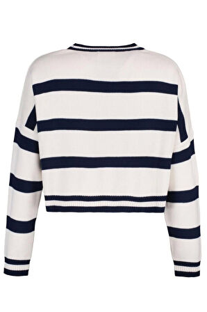 Kadın Moda Şık Crop Bisiklet Yaka Uzun Kol Çizgili Crop Triko Kazak