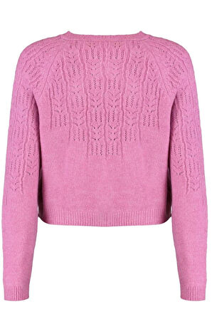 Kadın Moda Şık Crop Bisiklet Yaka Regular Yumuşak Dokulu Ajurlu Delikli Triko Hırka