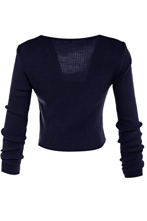 Kadın Moda Şık Crop V Yaka Uzun Kol Düz Crop Bağlama Detaylı Bluz-Hırka Triko Takım Triko Hırka