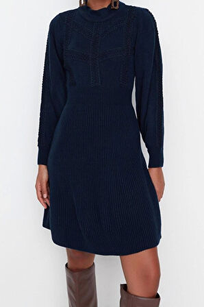 Yeni Regular Business Tek Plaka Triko Bisiklet Yaka Uzun Kol A-Line Mini Boy Elbise