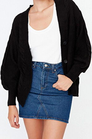 Kadın Moda Şık Regular V Yaka Uzun Kol Saç Örgü Geniş Kalıp Triko Hırka