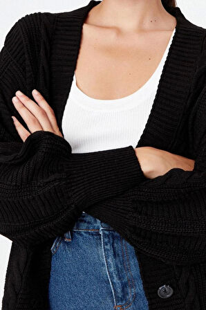 Kadın Moda Şık Regular V Yaka Uzun Kol Saç Örgü Geniş Kalıp Triko Hırka