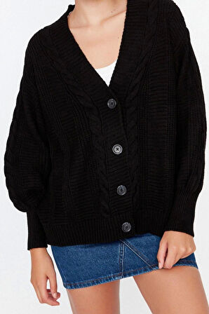 Kadın Moda Şık Regular V Yaka Uzun Kol Saç Örgü Geniş Kalıp Triko Hırka