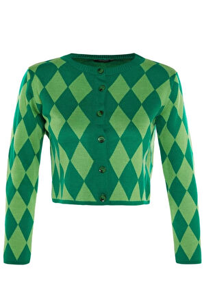Kadın Moda Şık Crop Bisiklet Yaka Slim Crop Desenli Jakarlı Ceket Görünümlü Triko Hırka