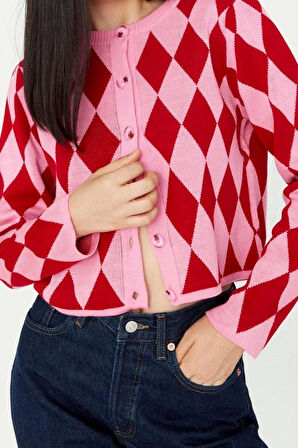 Kadın Moda Şık Crop Bisiklet Yaka Slim Crop Desenli Jakarlı Ceket Görünümlü Triko Hırka
