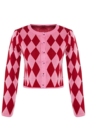 Kadın Moda Şık Crop Bisiklet Yaka Slim Crop Desenli Jakarlı Ceket Görünümlü Triko Hırka