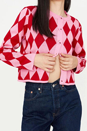 Kadın Moda Şık Crop Bisiklet Yaka Slim Crop Desenli Jakarlı Ceket Görünümlü Triko Hırka
