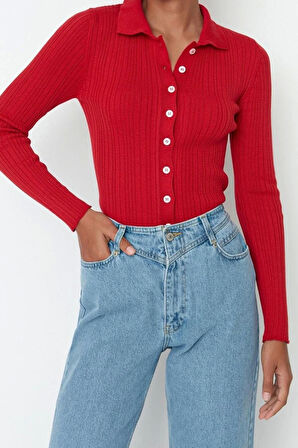 Kadın Moda Şık Regular Polo Yaka Slim Fitilli Polo Yaka Triko Hırka