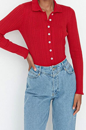 Kadın Moda Şık Regular Polo Yaka Slim Fitilli Polo Yaka Triko Hırka