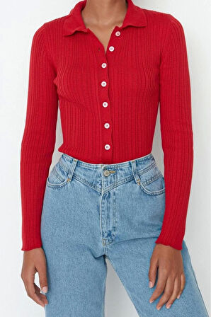 Kadın Moda Şık Regular Polo Yaka Slim Fitilli Polo Yaka Triko Hırka