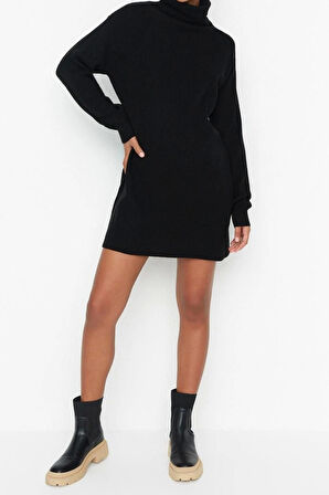 Yeni Oversize Casual Günlük Fitilli Triko Balıkçı Yaka Uzun Kol Kazak Elbise Mini Boy Elbise