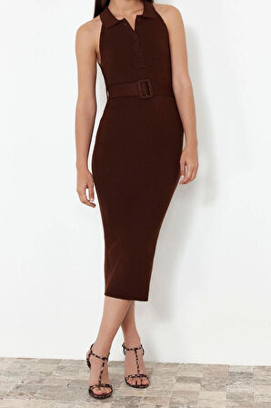 Yeni Slim Casual Günlük Çift Plaka Triko Polo Yaka Kolsuz Kol Bodycone Midi Boy Elbise