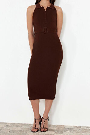 Yeni Slim Casual Günlük Çift Plaka Triko Polo Yaka Kolsuz Kol Bodycone Midi Boy Elbise