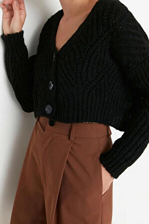Kadın Moda Şık Crop V Yaka Regular Crop Yumuşak Dokulu Triko Hırka