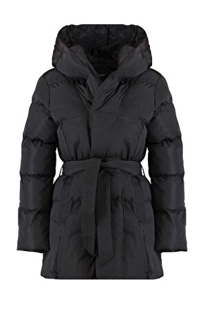 Kadın Moda Şık Regular Kapüşonlu Yaka Midi Düz Astarlı Regular Kuşaklı Su İtici Şişme Mont