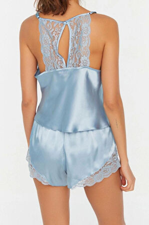 Kadın Moda Şık V Yaka Boru Paça Askılı Kol Dantel Detaylı İp Saten Dokuma Pijama Takımı
