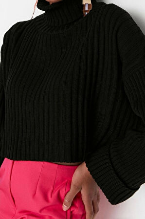 Kadın Moda Şık Crop Balıkçı Yaka Uzun Kol Düz Crop Basic Triko Kazak