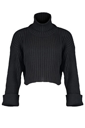 Kadın Moda Şık Crop Balıkçı Yaka Uzun Kol Düz Crop Basic Triko Kazak