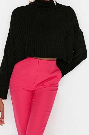 Kadın Moda Şık Crop Balıkçı Yaka Uzun Kol Düz Crop Basic Triko Kazak