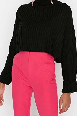 Kadın Moda Şık Crop Balıkçı Yaka Uzun Kol Düz Crop Basic Triko Kazak