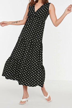 Yeni Regular Casual Günlük Polyester Kaşkorse Örme V Yaka Kolsuz Kol A-Line Maxi Boy Elbise