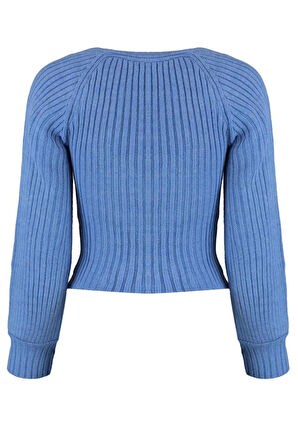 Kadın Moda Şık Crop Kalp Yaka Uzun Kol Düz Crop Kalp Yaka Triko Kazak