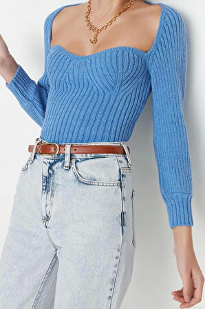 Kadın Moda Şık Crop Kalp Yaka Uzun Kol Düz Crop Kalp Yaka Triko Kazak