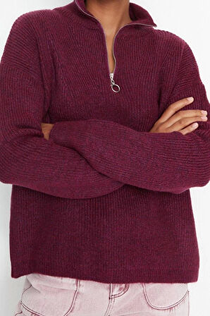 Kadın Moda Şık Regular Dik Yaka Uzun Kol Düz Couple Yumuşak Dokulu Fermuarlı Triko Kazak