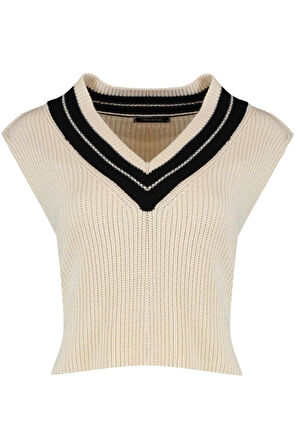 Kadın Moda Şık Crop V Yaka Kolsuz Renk Bloklu Crop Triko Süveter