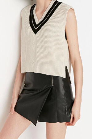 Kadın Moda Şık Crop V Yaka Kolsuz Renk Bloklu Crop Triko Süveter