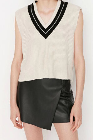 Kadın Moda Şık Crop V Yaka Kolsuz Renk Bloklu Crop Triko Süveter