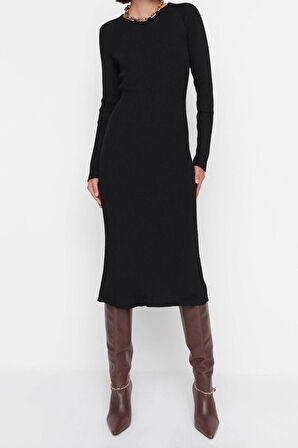 Yeni Slim Casual Günlük Dolu İğne Triko Bisiklet Yaka Uzun Kol Bodycone Midi Boy Elbise