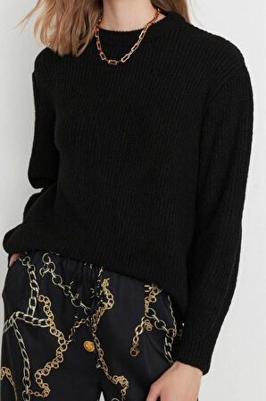 Kadın Moda Regular Bisiklet Yaka Uzun Kol Dokulu Geniş Kalıp Couple Yumuşak Dokulu Basic Triko Kazak