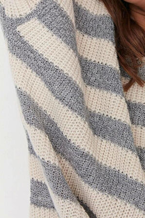 Kadın Moda Şık Regular Bisiklet Yaka Uzun Kol Çizgili Geniş Kalıp Triko Kazak