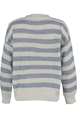 Kadın Moda Şık Regular Bisiklet Yaka Uzun Kol Çizgili Geniş Kalıp Triko Kazak