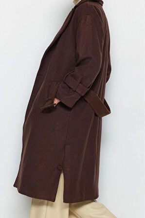 Kadın Moda Şık Bol Ceket Yaka Uzun Düz Astarlı Oversize Geniş Kesim Kemerli Uzun Yünlü Kaşe Kaban