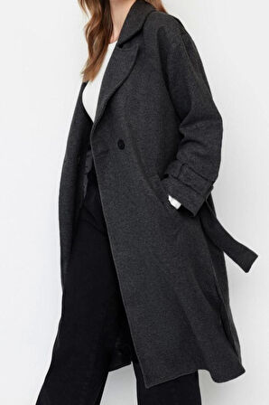 Kadın Moda Şık Bol Ceket Yaka Uzun Düz Astarlı Oversize Geniş Kesim Kemerli Uzun Yünlü Kaşe Kaban