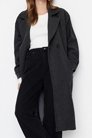 Kadın Moda Şık Bol Ceket Yaka Uzun Düz Astarlı Oversize Geniş Kesim Kemerli Uzun Yünlü Kaşe Kaban