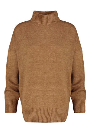 Kadın Moda Şık Regular Dik Yaka Uzun Kol Düz Geniş Kalıp Yumuşak Dokulu Triko Kazak