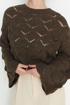 Kadın Moda Şık Regular Bisiklet Yaka Uzun Kol Ajurlu Delikli Triko Kazak