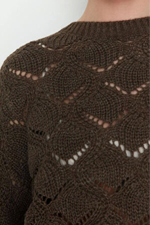 Kadın Moda Şık Regular Bisiklet Yaka Uzun Kol Ajurlu Delikli Triko Kazak