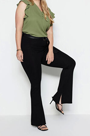 Kadın Yeni Moda Büyük Beden İspanyol Paça Uzun Boy Örme İspanyol Paça Yırtmaçlı Örme Pantolon