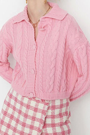 Kadın Moda Şık Crop Polo Yaka Regular Crop Polo Yaka Triko Hırka