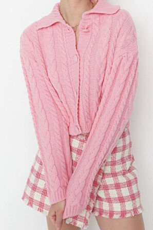 Kadın Moda Şık Crop Polo Yaka Regular Crop Polo Yaka Triko Hırka