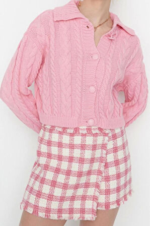 Kadın Moda Şık Crop Polo Yaka Regular Crop Polo Yaka Triko Hırka