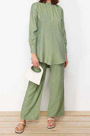 Kadın Moda Şık Geniş Paça Regular Boy Yarım Gizli Patlı Omuz Detaylı Tunik-Pantolon Dokuma Takım