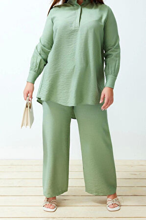 Kadın Moda Şık Geniş Paça Regular Boy Yarım Gizli Patlı Omuz Detaylı Tunik-Pantolon Dokuma Takım