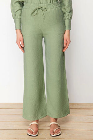 Kadın Moda Şık Geniş Paça Regular Boy Yarım Gizli Patlı Omuz Detaylı Tunik-Pantolon Dokuma Takım